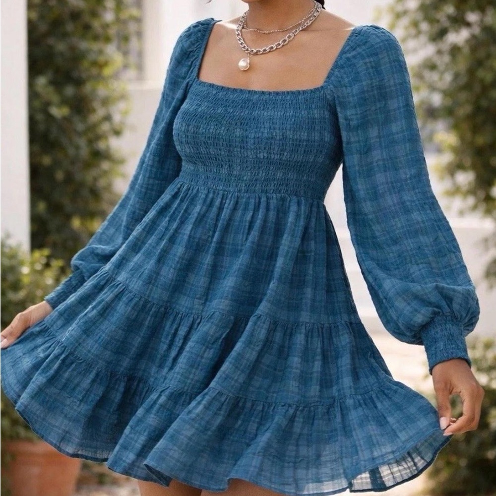 Urban Outfitters Smocked Babydoll Dress Blue Plaid Long Sleeve Mini XS